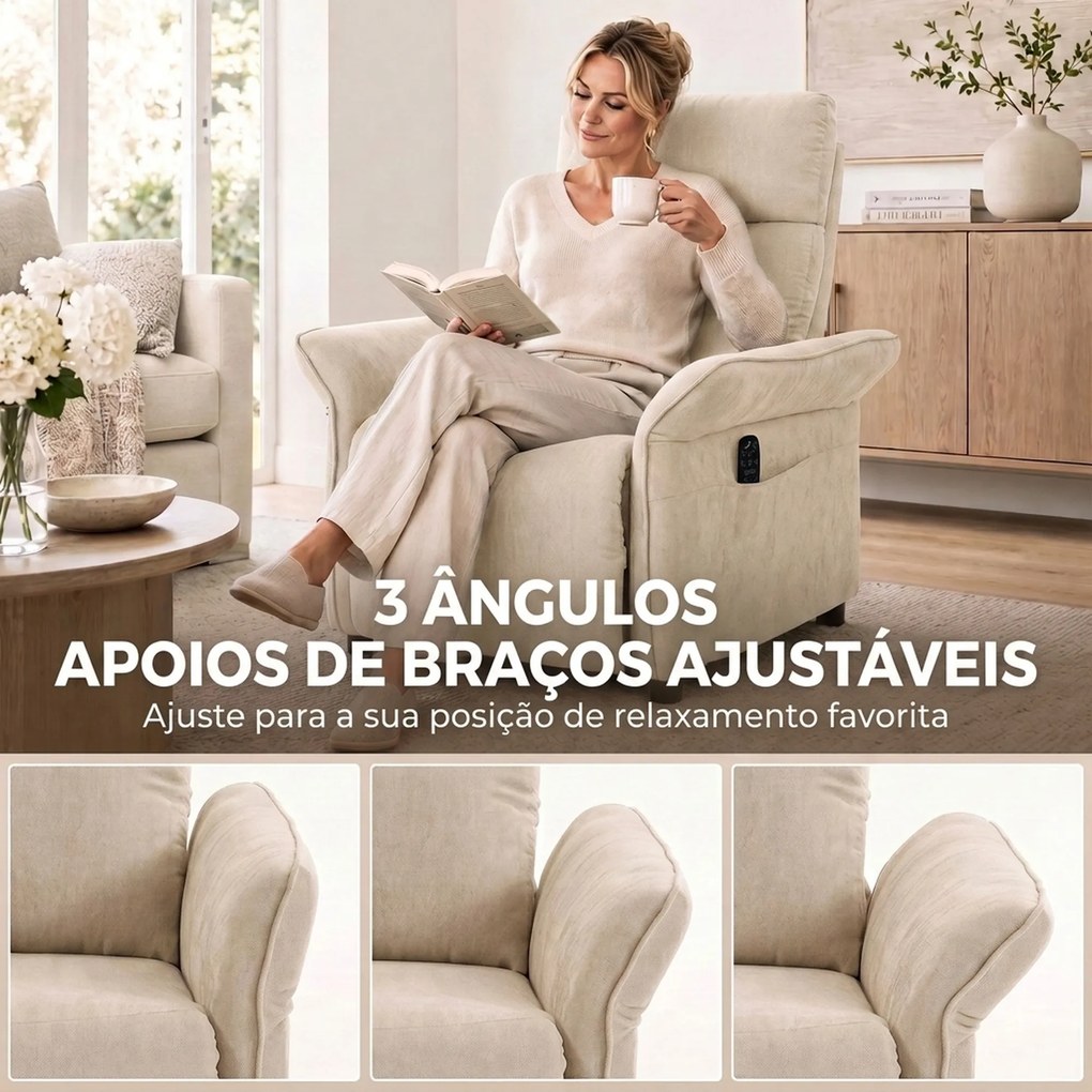 Poltrona de Massagem com Aquecimento, Reclinação Push-Back 135°, Apoio para Pés, Apoios de Braços Ajustáveis e 2 Bolsos, Bege