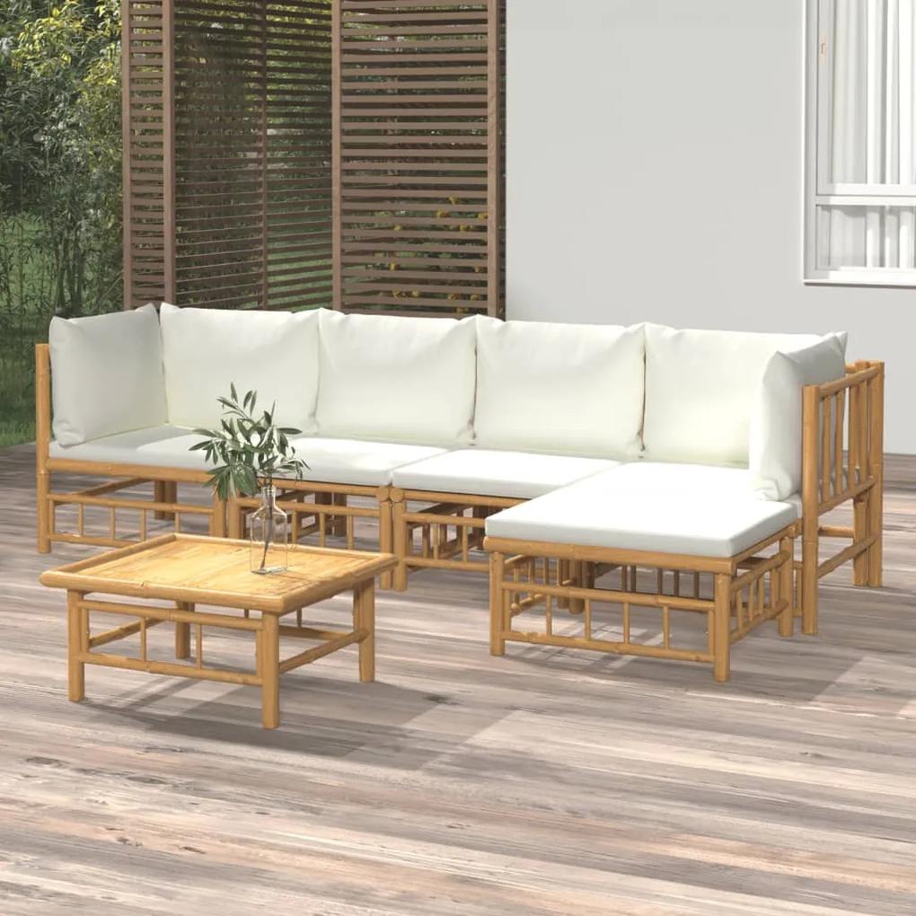 6 pcs conjunto lounge de jardim bambu c/ almofadões branco nata