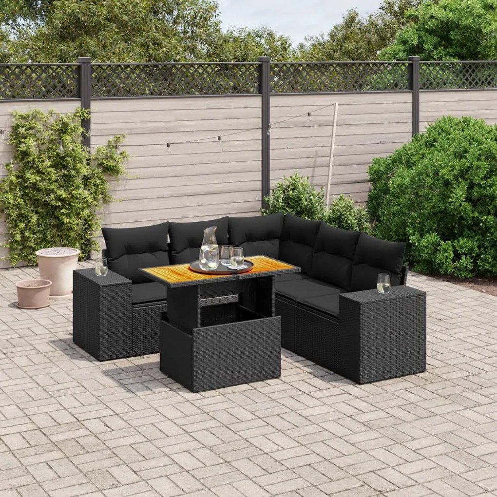 6 pcs conjunto sofás de jardim c/ almofadões vime PE preto