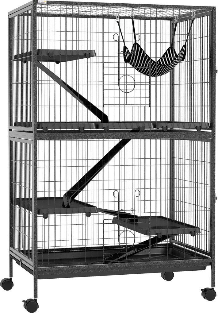 PawHut Gaiola para Roedores 80x52x128 cm Casa de 4 Alturas com Rampas Suspensa Rede Bandeja Removível Rodas Cinza Escuro | Aosom Portugal