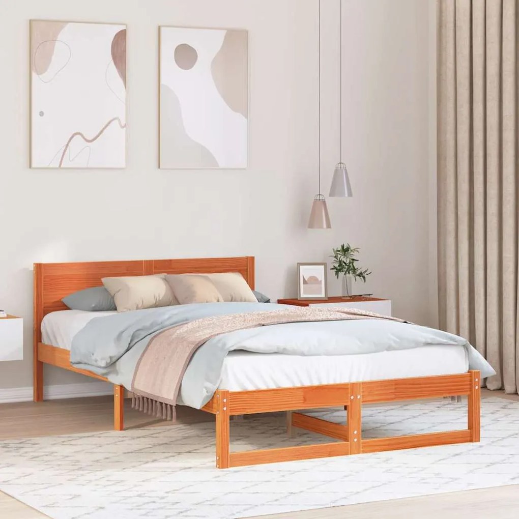 vidaXL Cama Marrom Encerado Madeira de Pinho Sólido 140 x 190 cm Durável