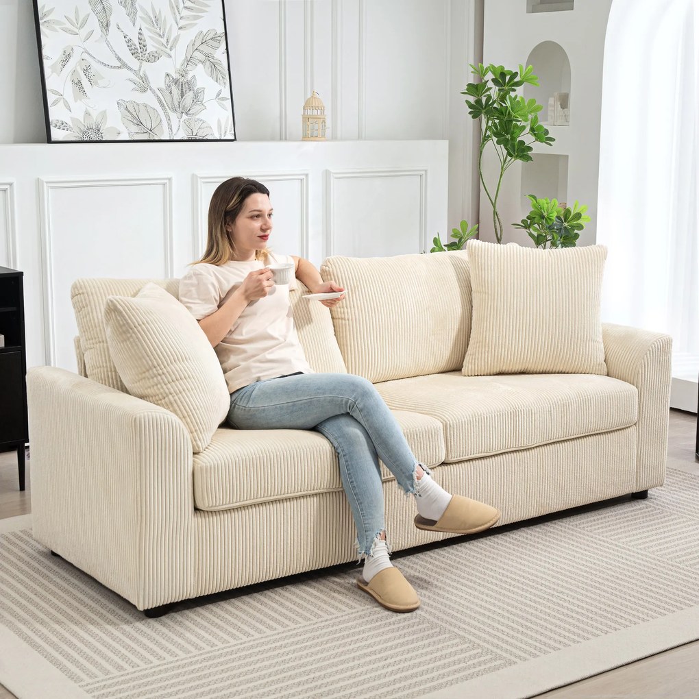 Sofá de 3 Lugares Moderno 212x80x88 cm Sofá Sala de Estar Estofado com 2 Almofadas Apoio de Braços e Estrutura de Aço Creme