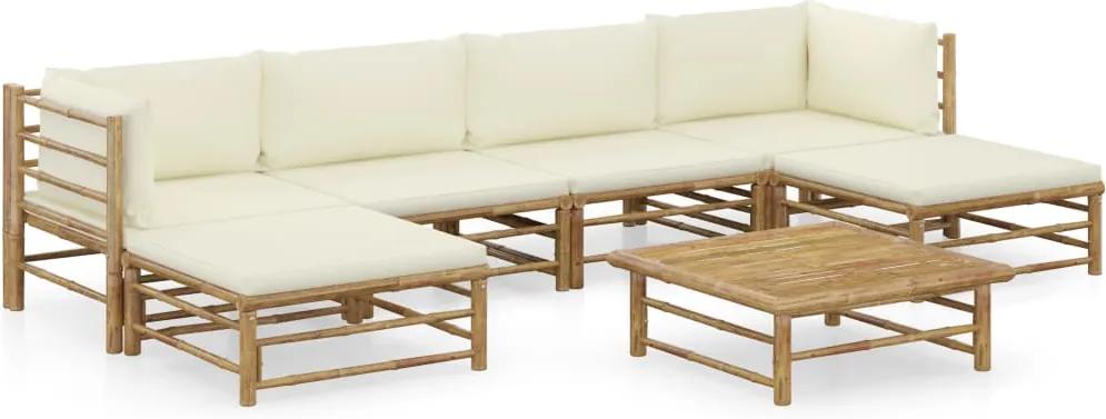 7 pcs conj. lounge p/ jardim em bambu c/ almofadões branco nata