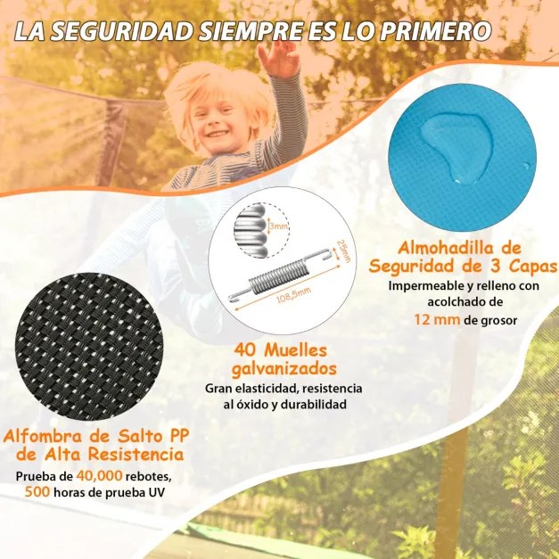 Trampolim retangular para crianças com rede de segurança e capa de equilíbrio com molas e desenho seguro sem costura 190 x 124 x 172 cm Laranja