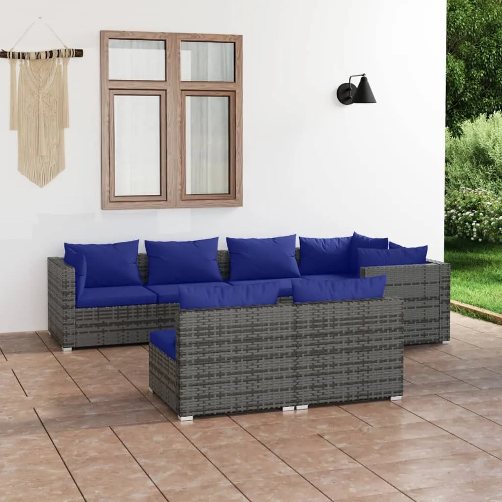 7 pcs conjunto lounge de jardim c/ almofadões vime PE cinzento