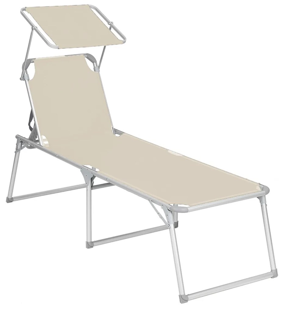 SONGMICS Espreguiçadeira, Cama de Sol, Cadeira de Sol Reclinável Grande, 65 x 200 x 48 cm, Capacidade de Carga 150 kg, com Encosto Reclinável, Guarda-Sol, Dobrável, para Jardim, Varanda, Terraço, Bege GCB26BE