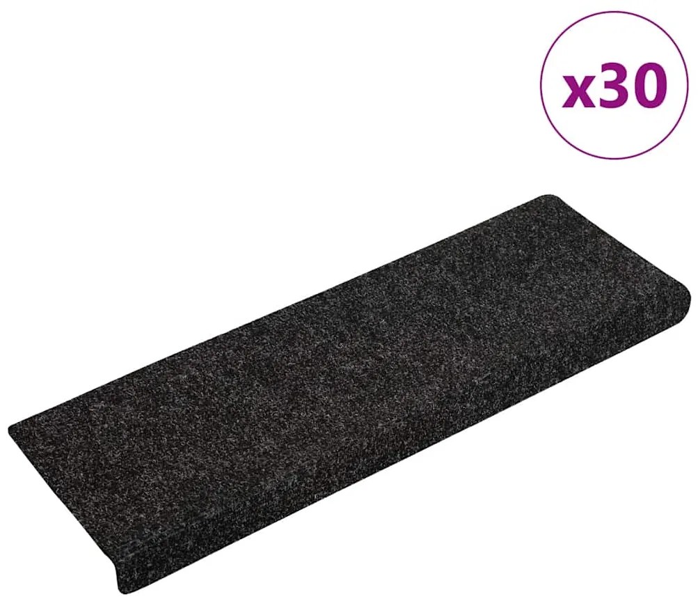 vidaXL Tapetes de escada autoadesivos 30 peças 65x21x4 cm pretos com borda retangular