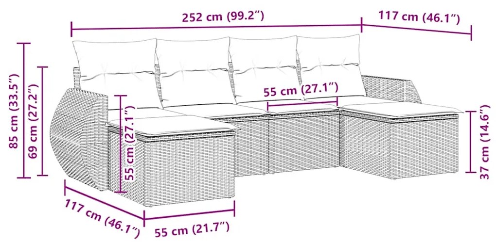 6 pcs conjunto sofás de jardim c/ almofadões vime PE preto
