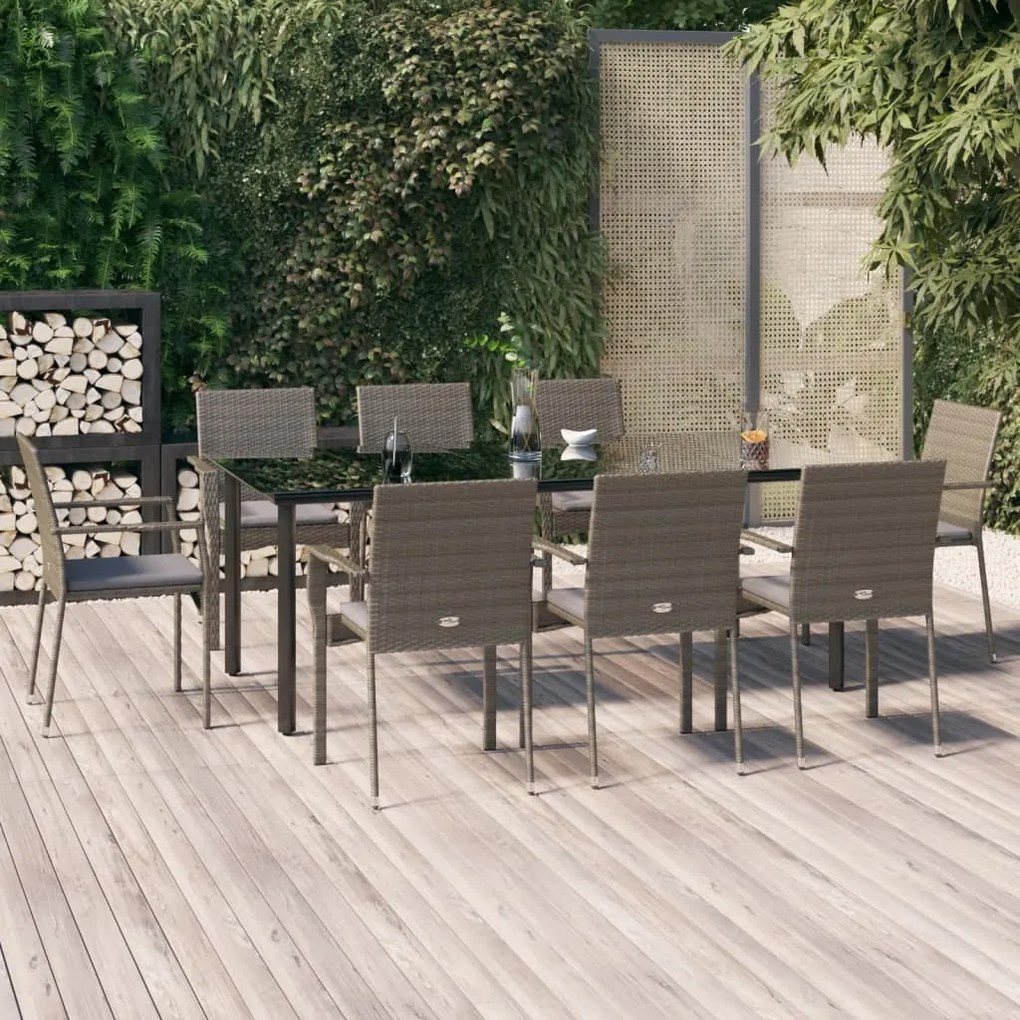 vidaXL 9 pcs conjunto jantar jardim c/ almofadões vime PE preto/cinza