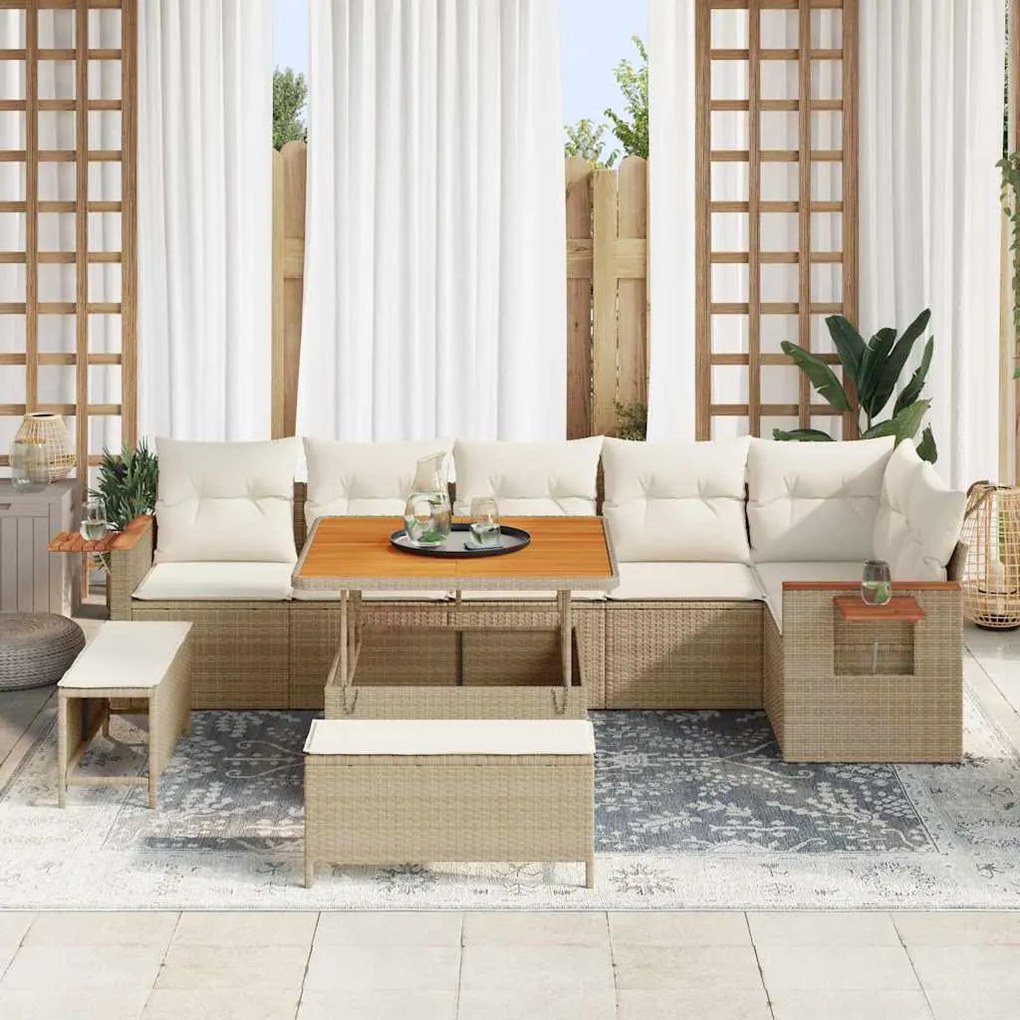 Conjunto de Sofás de Jardim 9 Peças com Almofadas Bege Polirattan Acác