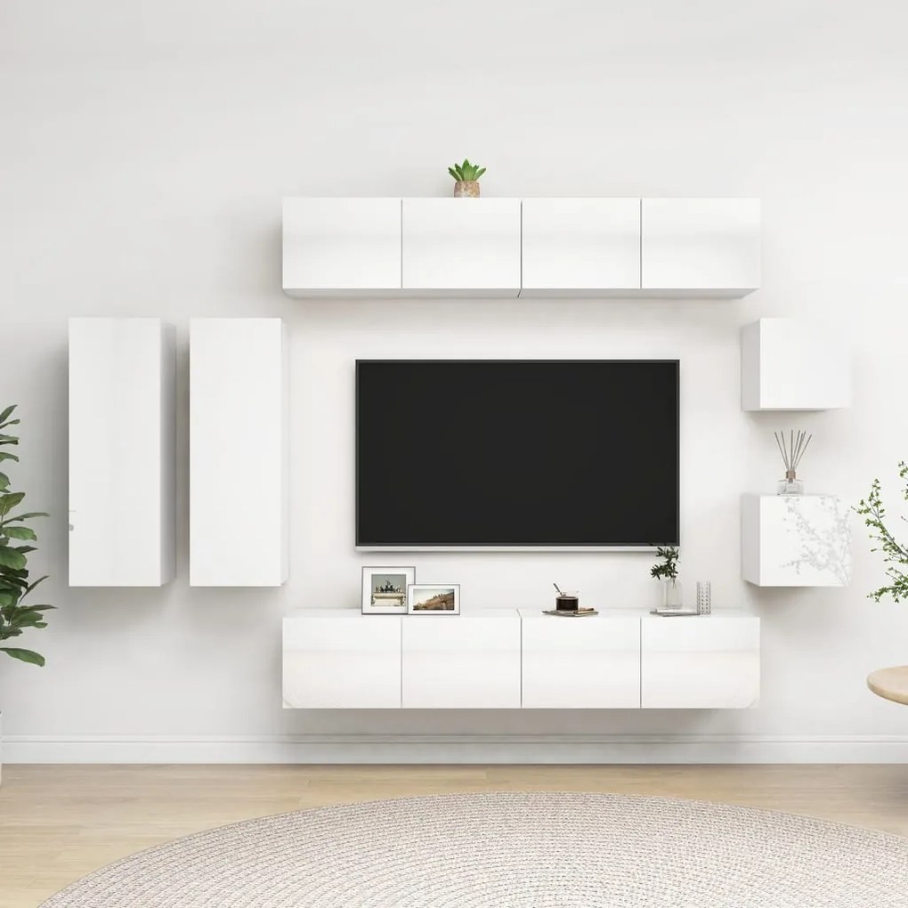 vidaXL 8 pcs conjunto de móveis de TV contraplacado branco brilhante