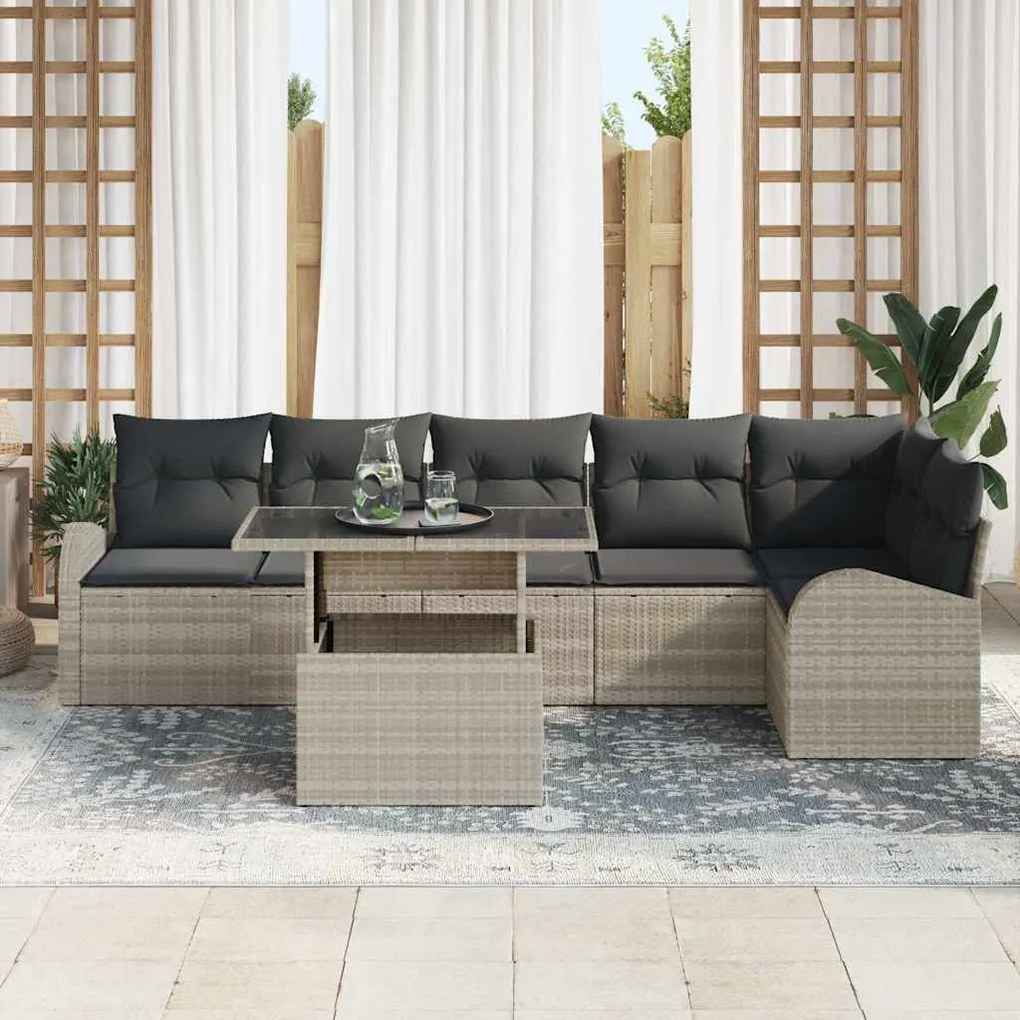 Conjunto de sofá de jardim com 7 peças e almofadas cinza claro em ratt