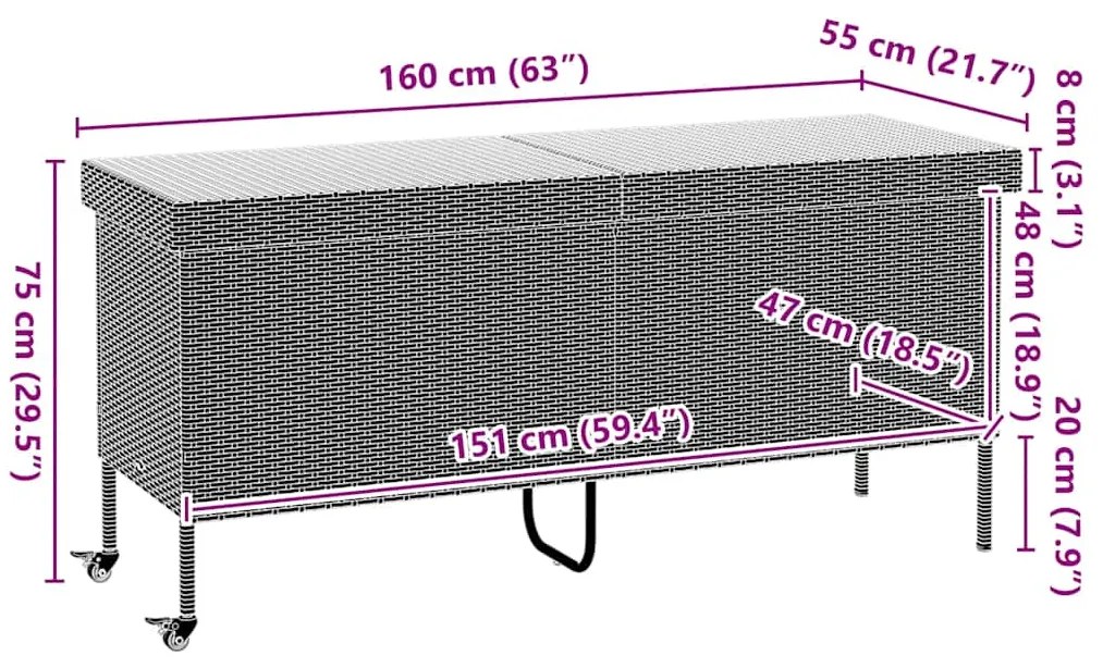 Caixa de arrumação jardim com rodas 160x55x75 cm vime PE preto