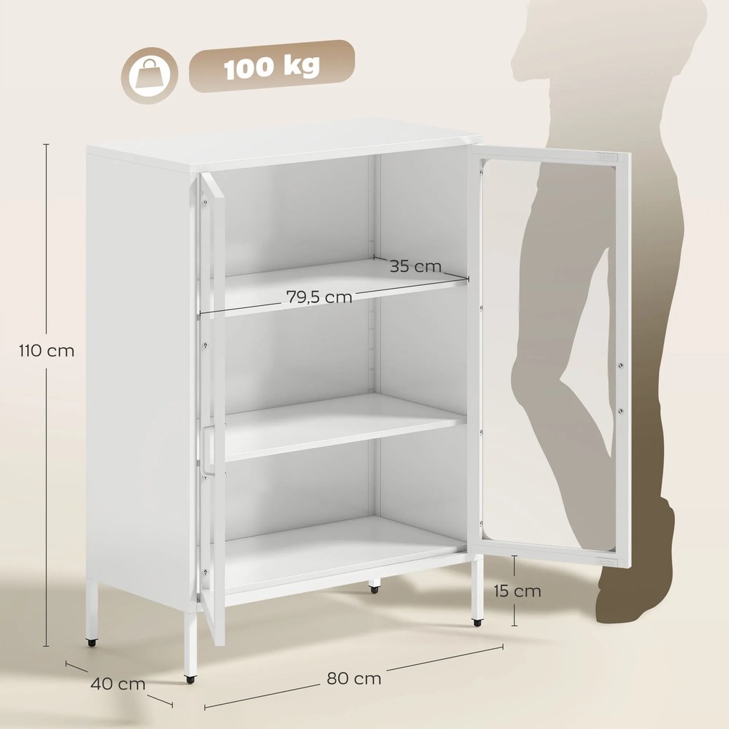 Armário de escritório 80 x 40 x 110 cm com 2 portas de vidro, 2 prateleiras ajustáveis, móvel de arrumação para escritório em aço, branco