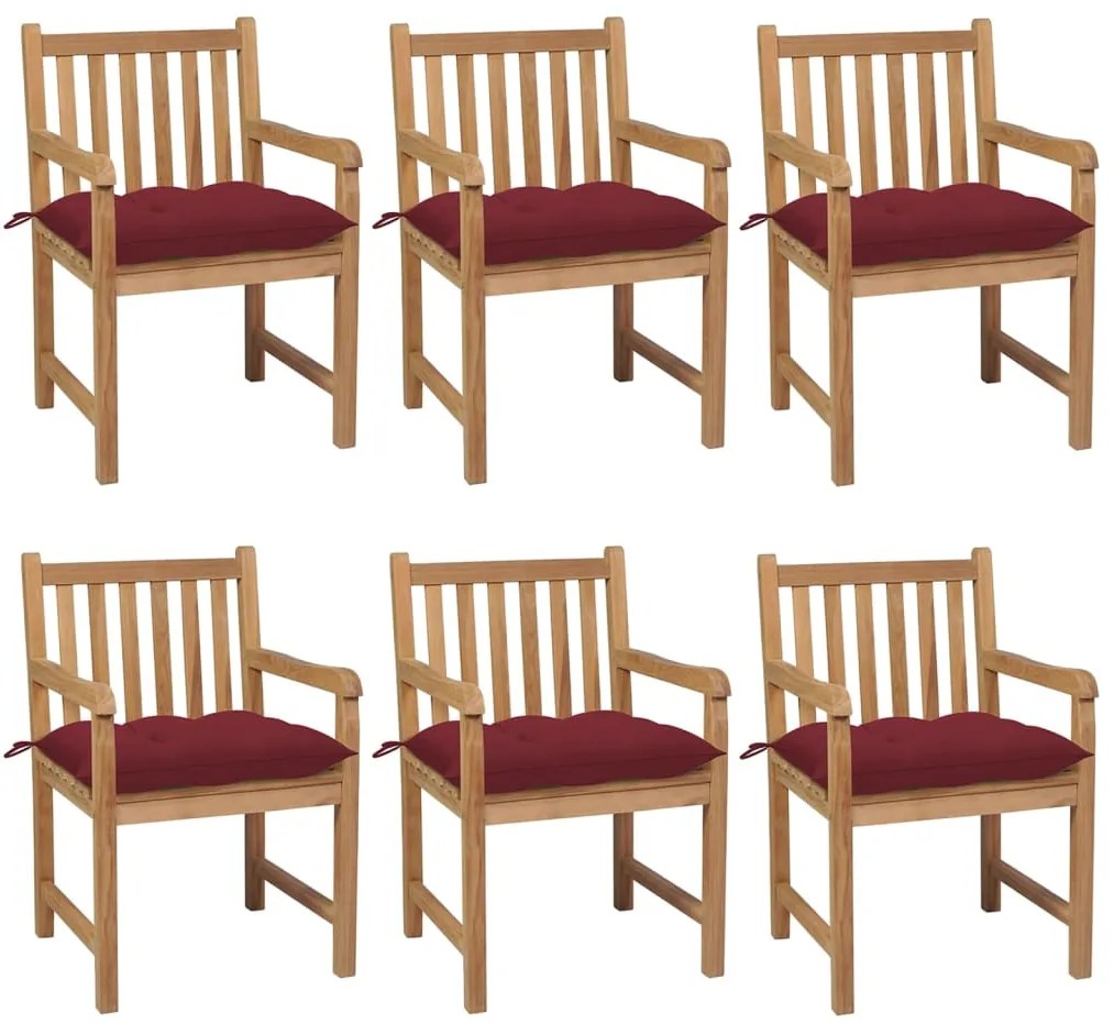 vidaXL Cadeiras jardim c/ almofadões vermelho tinto 6 pcs teca maciça