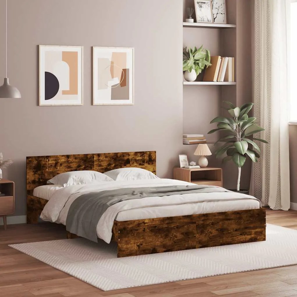 Estrutura cama c/ cabeceira/luzes LED 150x200cm carvalho fumado