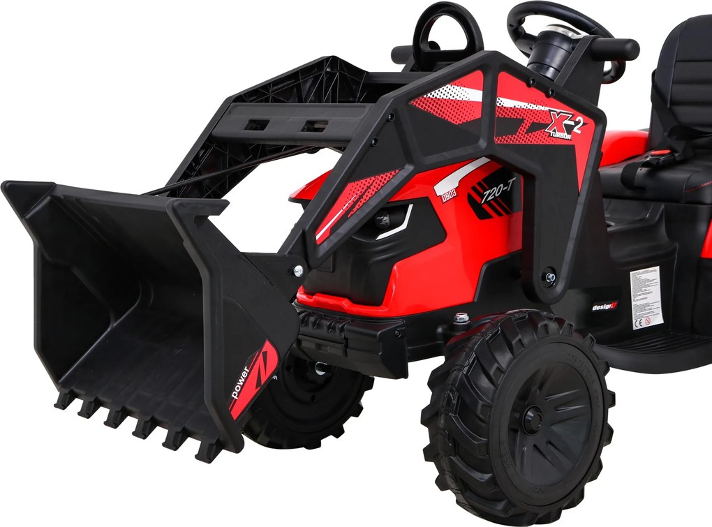 Trator elétrico para Crianças 12V 4x4 720-T Com Reboque Rodas EVA, Assento de couro Vermelho
