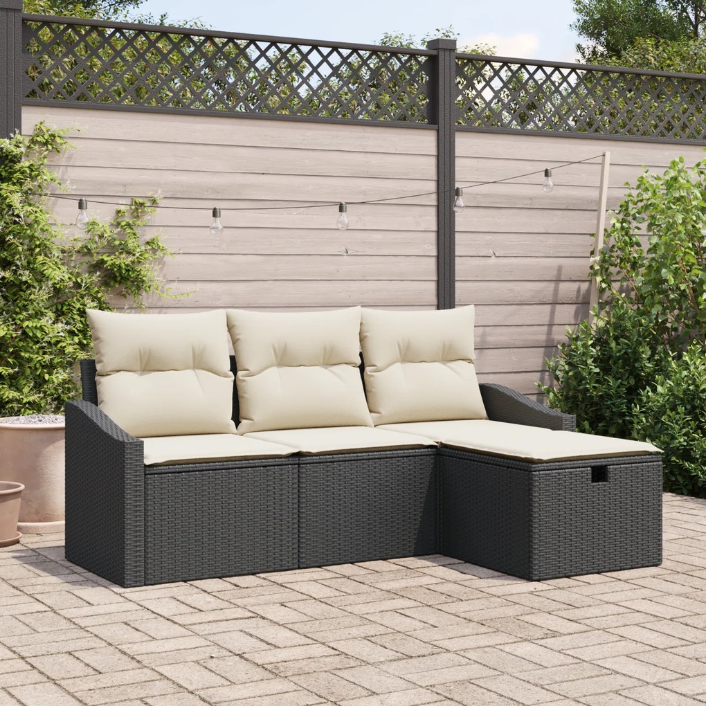 Conjunto de Sofá de Jardim de 4 Peças com Almofadas Pretas de Rattan P