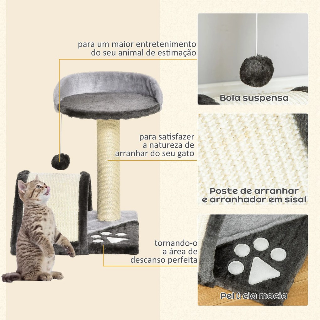 PawHut Árvore Arranhador para Gatos de 2 Níveis com Poste e Tapete de Arranhar Cama e Bola Suspensa 35,5x37x46 cm Cinza