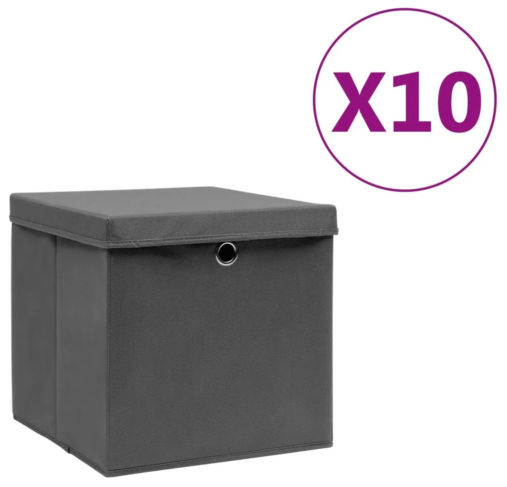 325194 vidaXL Caixas de arrumação com tampas 10 pcs 28x28x28 cm cinza
