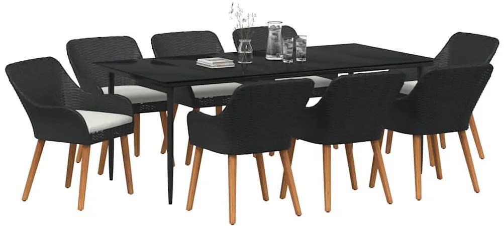 Conjunto de Jantar de 9 Peças Preto em Rattan e Poliéster