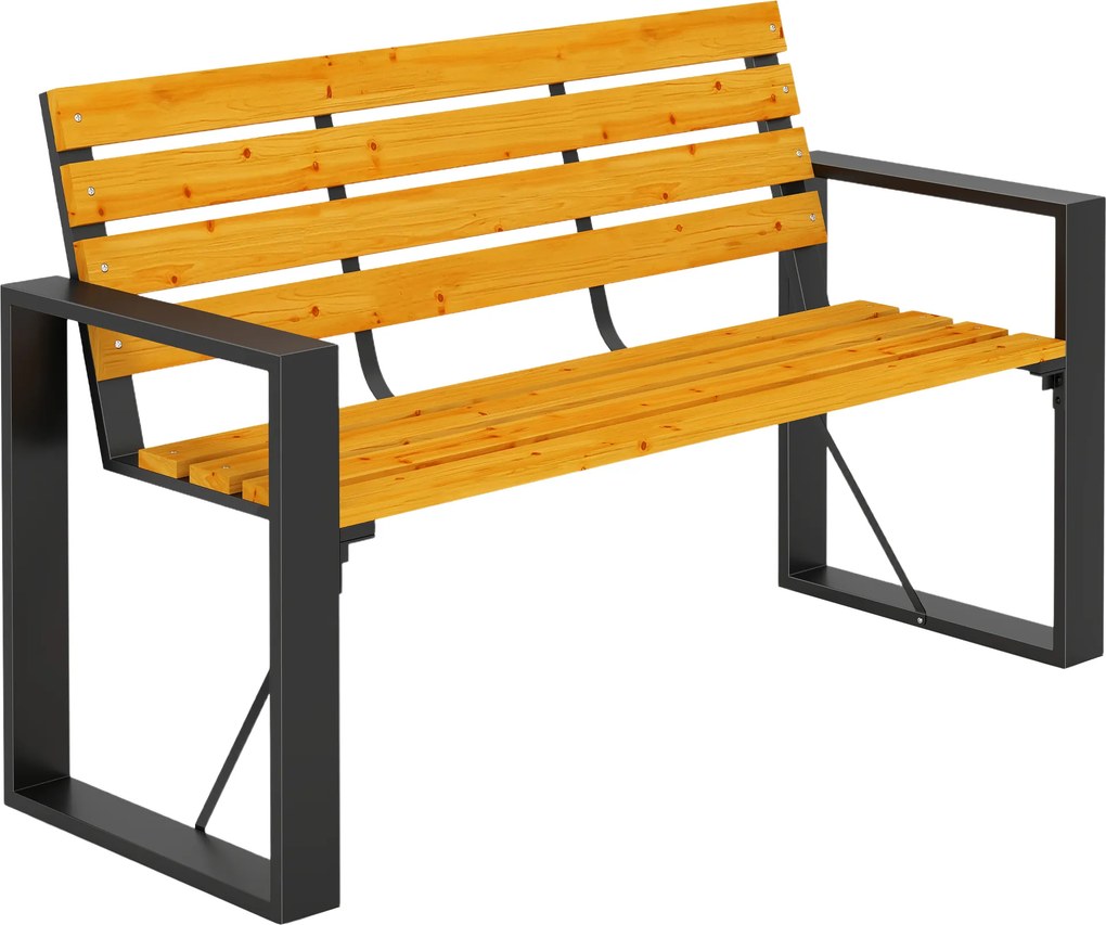 Banco de Jardim Exterior de 2 Lugares com Encosto e Assento Ripado em Madeira e Estrutura de Aço 136x54x82 cm Cor Madeira