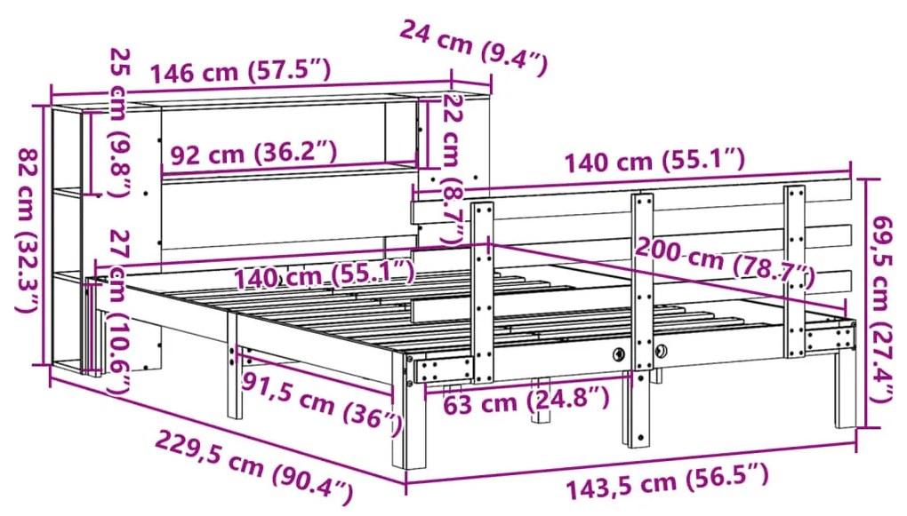 Cama com estante sem colchão 140x200 cm pinho maciço branco