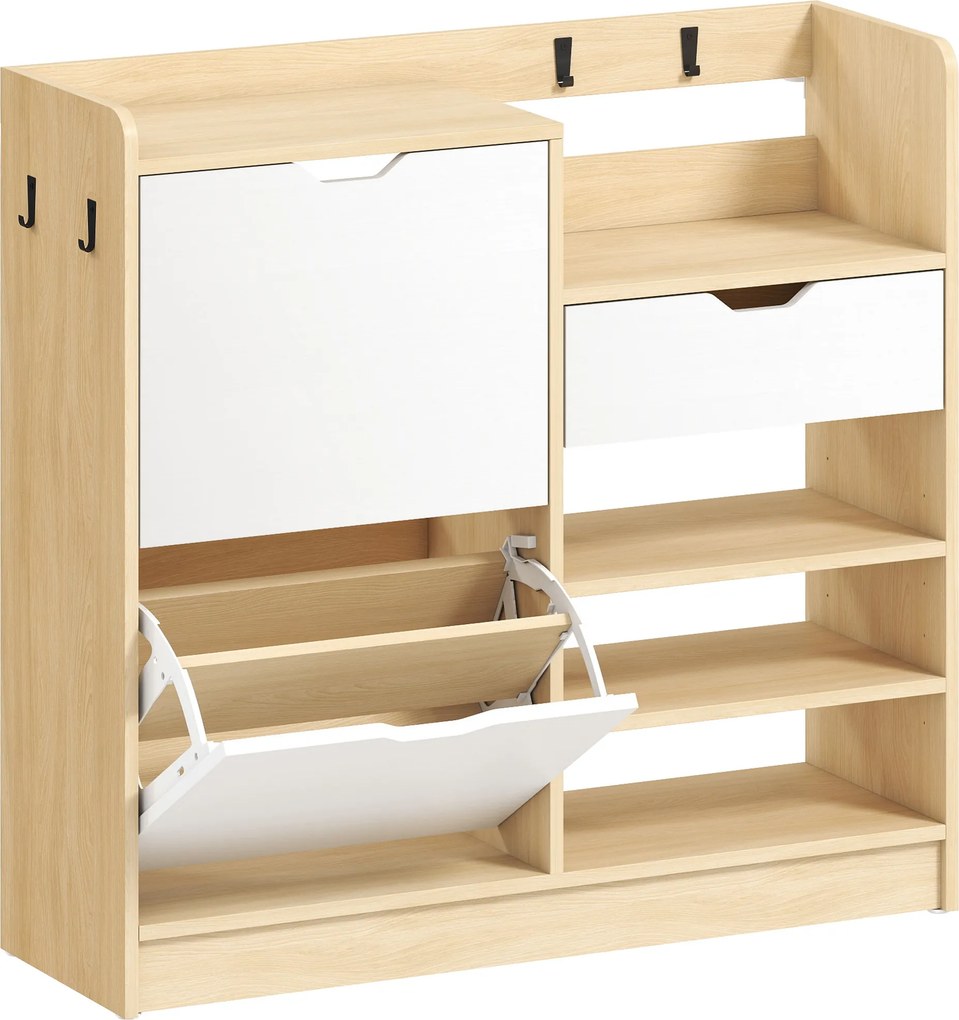 HOMCOM Sapateira Estreita com Prateleiras Ajustáveis Gaveta e 4 Ganchos para 14 Pares de Sapatos 93x30x90 cm Madeira e Branco | Aosom Portugal