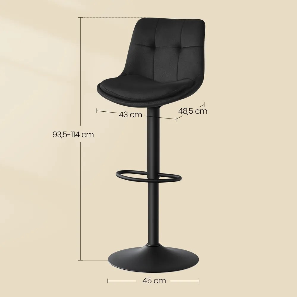 Conjunto 2 bancos de bar, com encosto e apoio para os pés, reguláveis em altura 48,5 x 43 x (93,5-114) cm Pretos