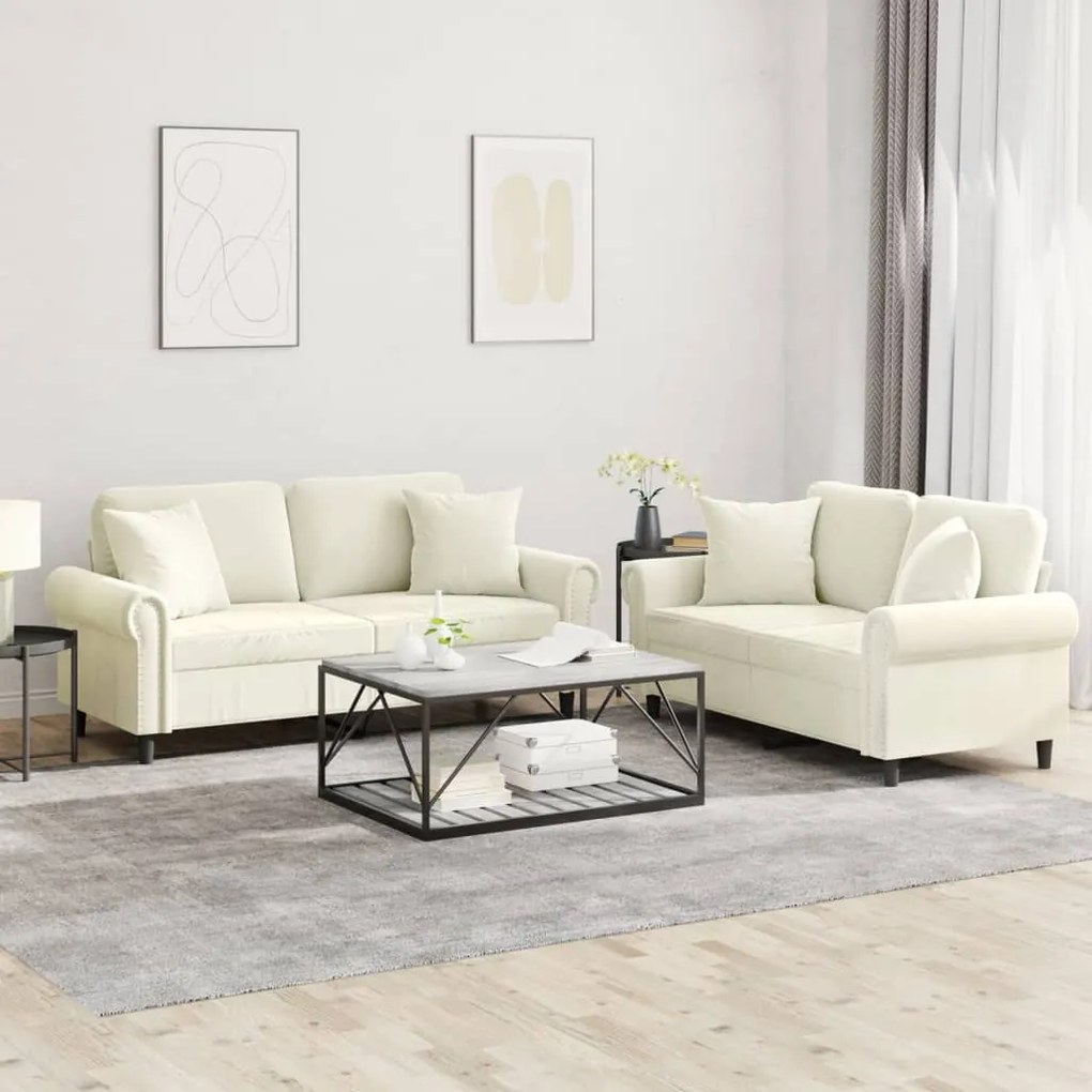 vidaXL 2 pcs conjunto de sofás com almofadas veludo cor creme