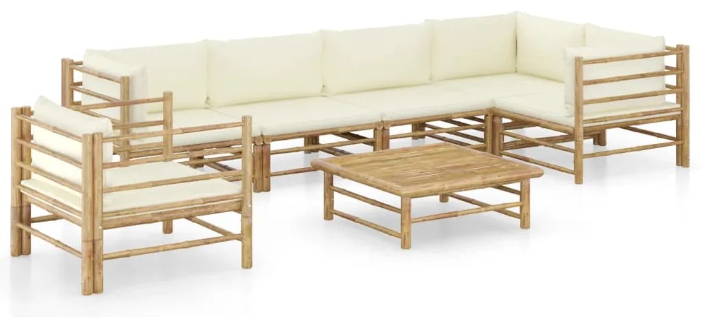 vidaXL 7 pcs conj. lounge p/ jardim em bambu c/ almofadões branco nata