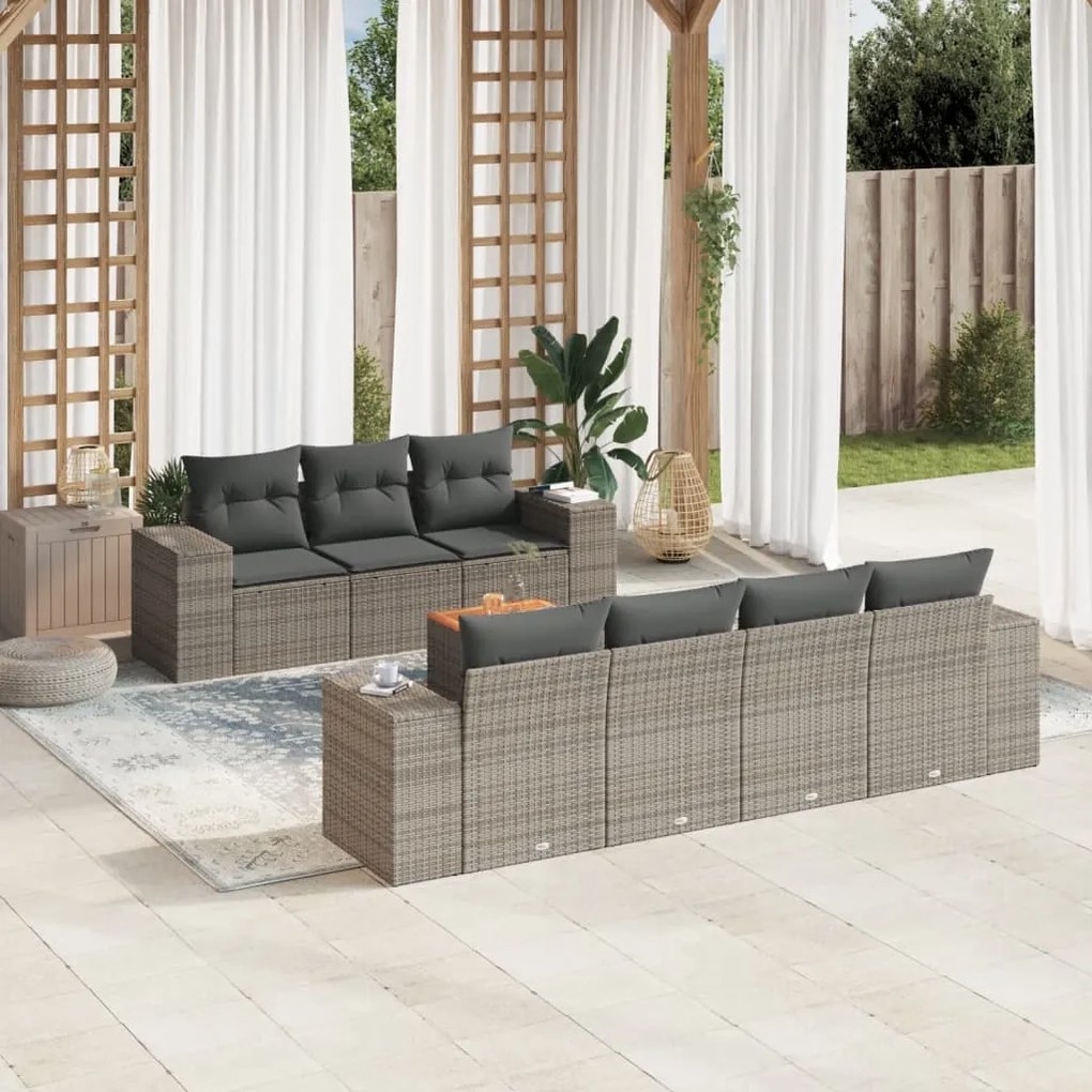 8 pcs conjunto sofás de jardim c/ almofadões vime PE cinzento