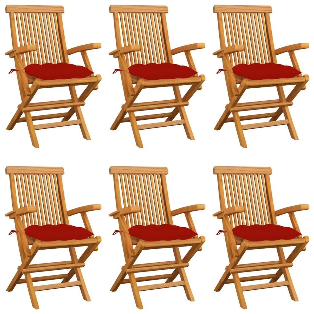3062562 vidaXL Cadeiras de jardim c/ almofadões vermelhos 6 pcs teca maciça