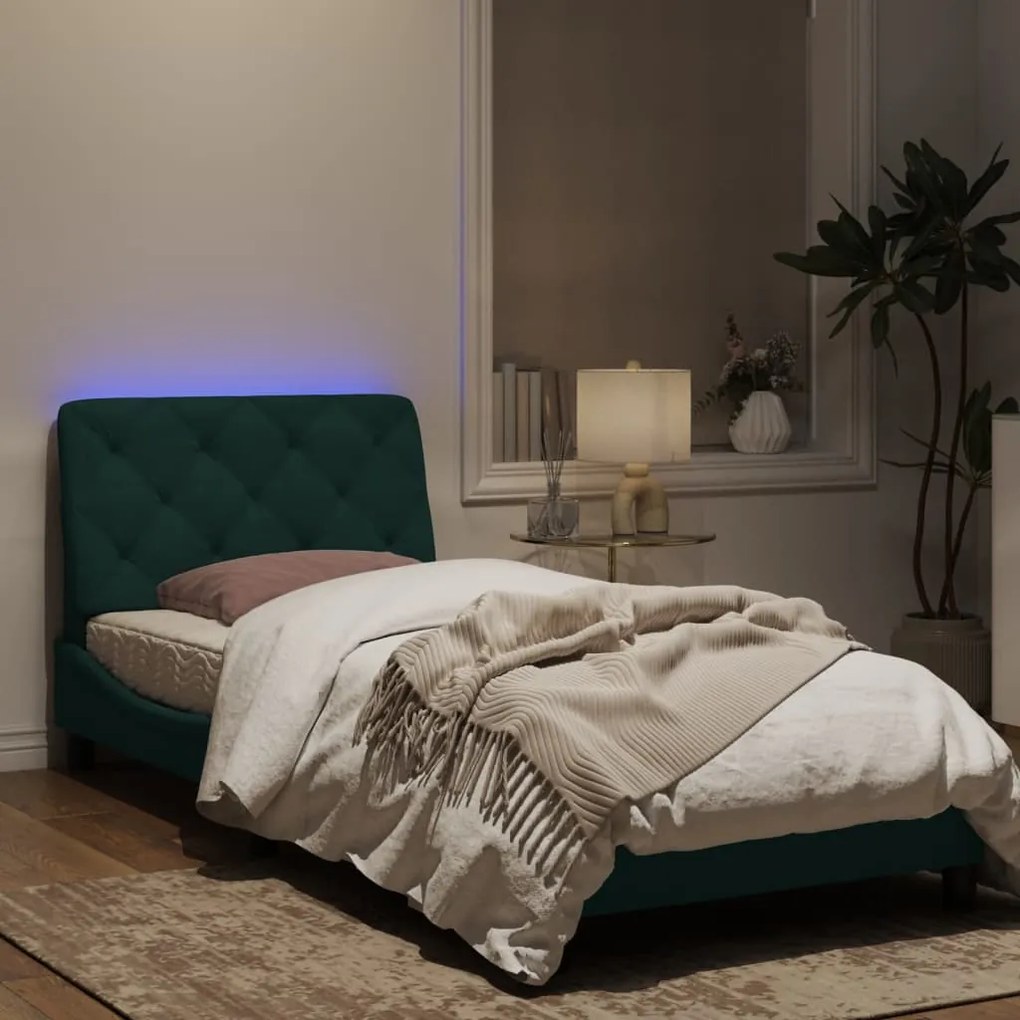 Estrutura de cama c/ luzes LED 90x190 cm veludo verde-escuro