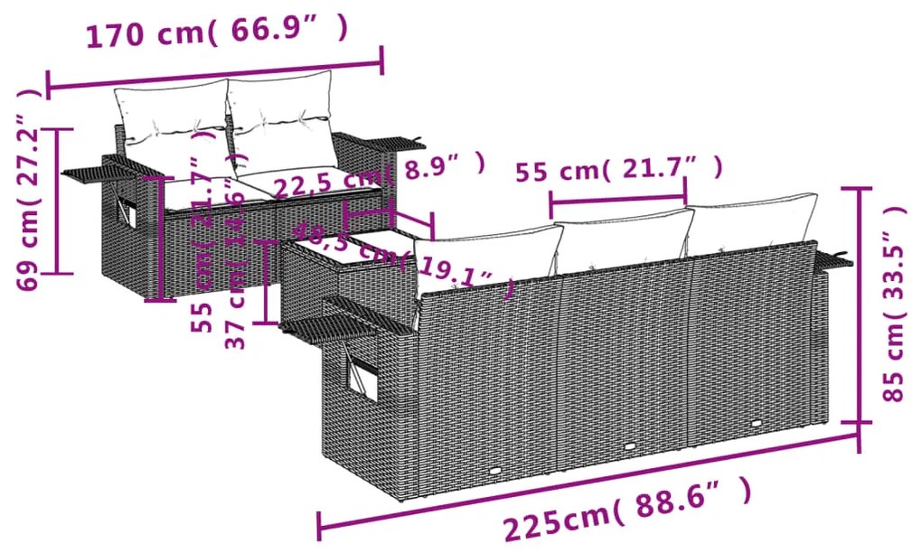 6 pcs conj. sofás jardim com almofadões vime PE cinzento-claro