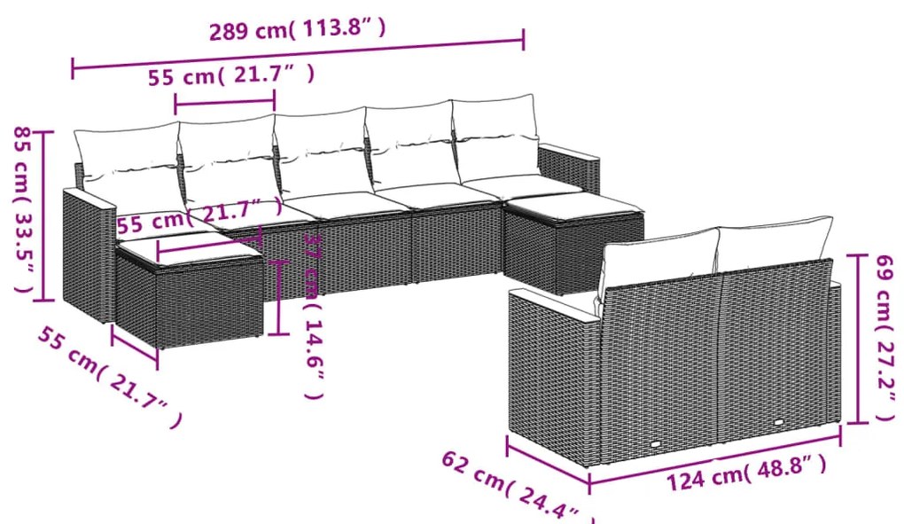 9 pcs conjunto de sofás p/ jardim c/ almofadões vime PE preto