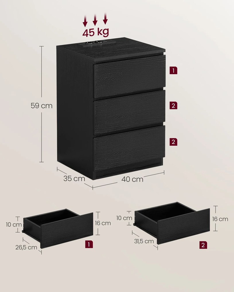 Mesa de cabeçeira com 2 tomadass e 2 portas USB e 3 gavetas moderna 35 x 40 x 59 cm preto