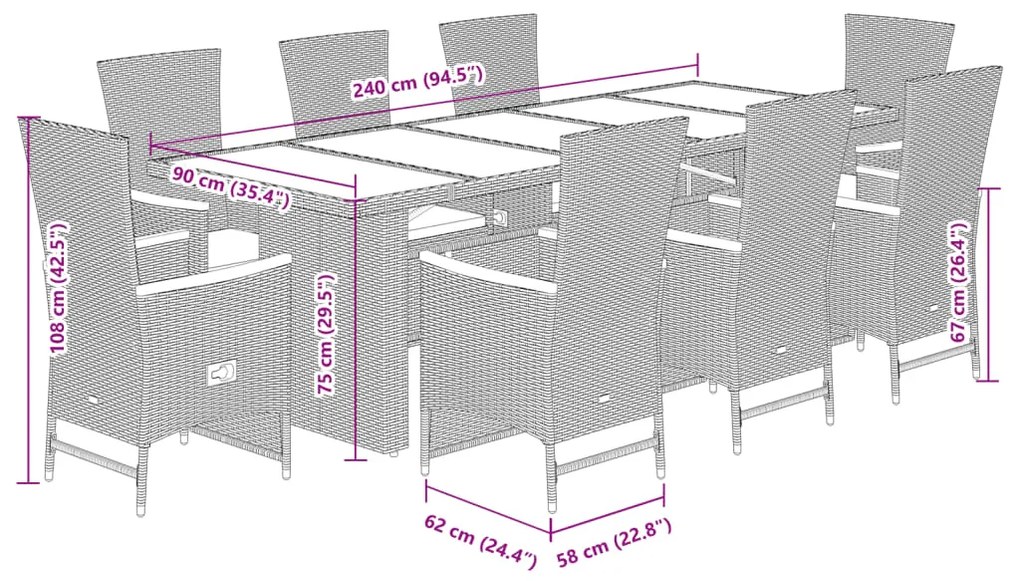 9 pcs conjunto de jantar p/ jardim c/ almofadões vime PE cinza