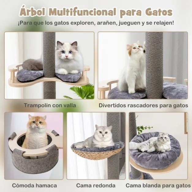 Torre arranhador de madeira para gatos de 5 níveis 236-271 cm com rede aconchegante Cesto Cama Cinzento