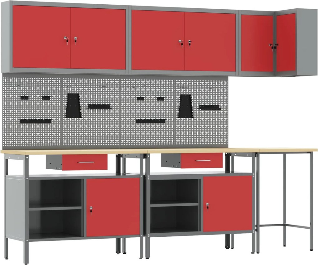 vidaXL Conjunto de Armários de Trabalho Manual 10 pcs Vermelho e Cinza