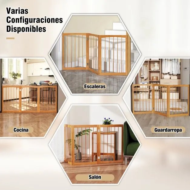 Barreira para cães Até 159 x 76 cm em madeira de abeto com rotação de 180° Barreira dobrável de 3 painéis Natural