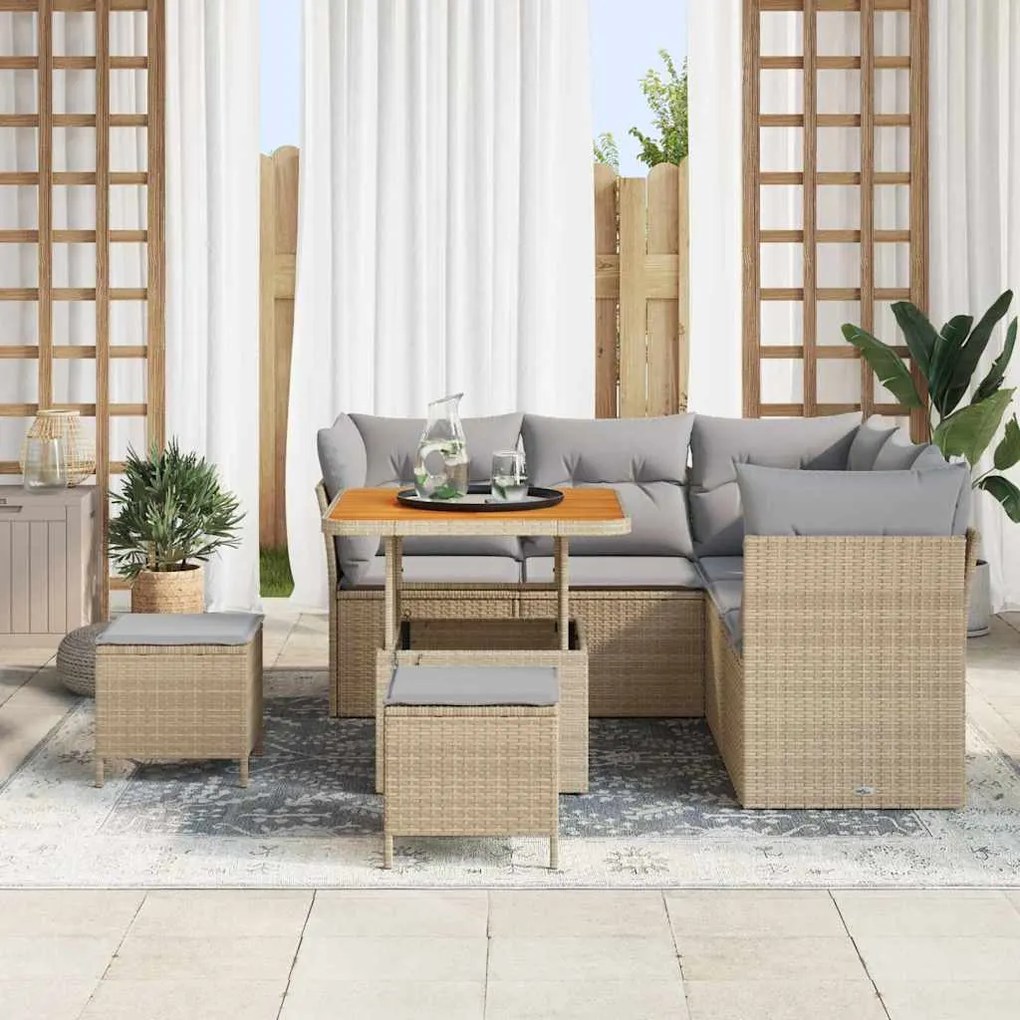 Conjunto de Sofás de Jardim 8 Peças com Almofadas Bege em Rattan Poli