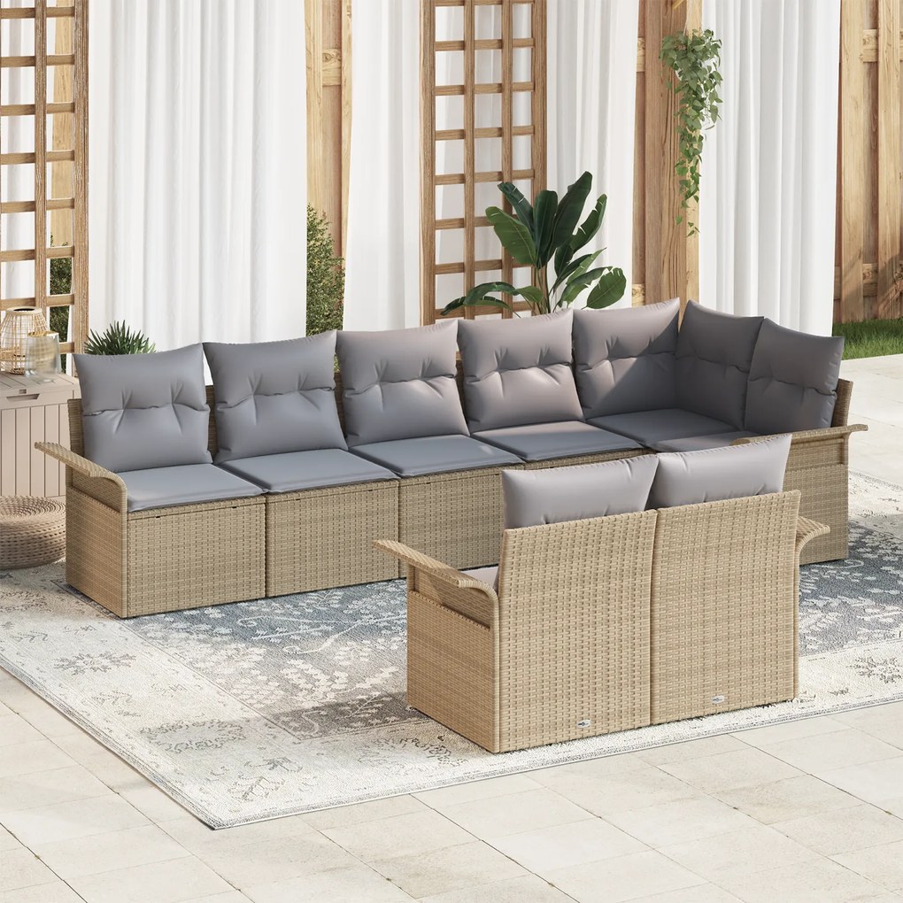 Conjunto de Sofá de Jardim em 8 Peças com Almofadas Bege Poli Rattan