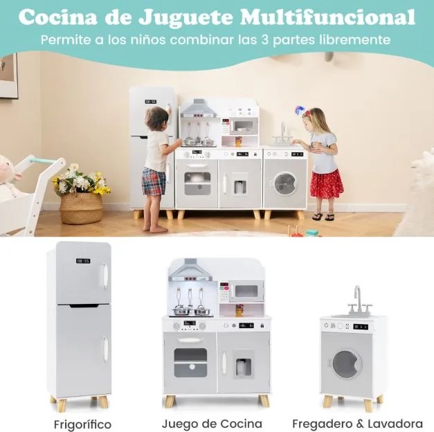 Cozinha de brincar 3 em 1 para crianças com frigorífico Máquina de lavar roupa Máquina de gelo Fogão Lava-loiça Forno com luzes e sons Cinzenta