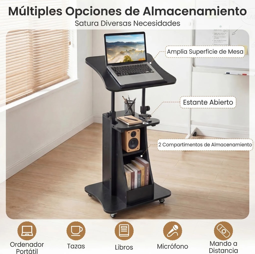 Mesa de Orador Móvel, 50 x 40 x 72-112 cm, Altura Ajustável, Preto