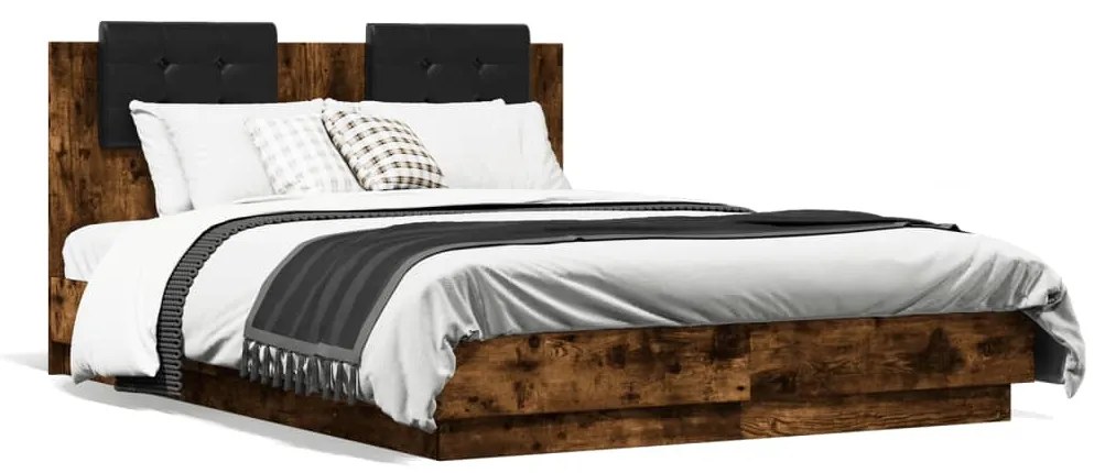 vidaXL Estrutura cama c/ cabeceira/luzes LED 120x190cm carvalho fumado