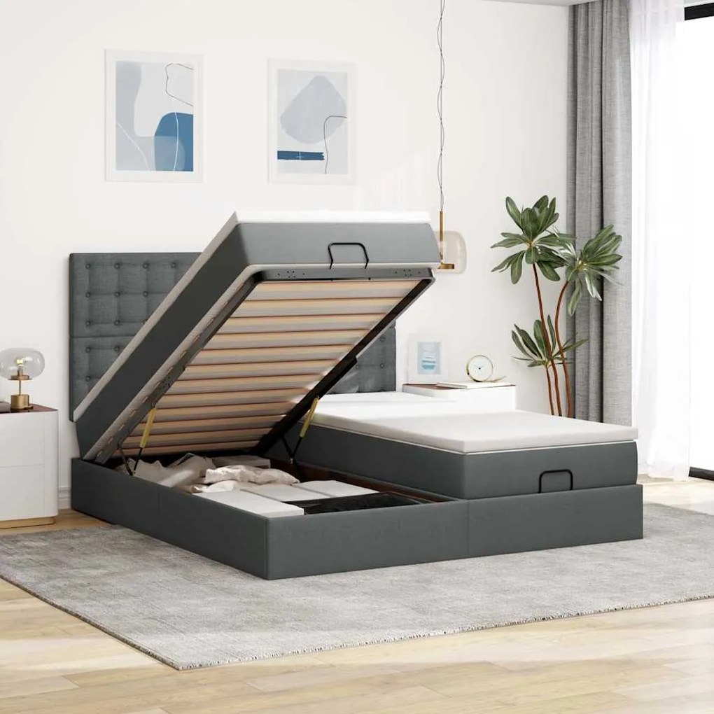 Estrutura de cama otomana com colchões tecido cinzento escuro