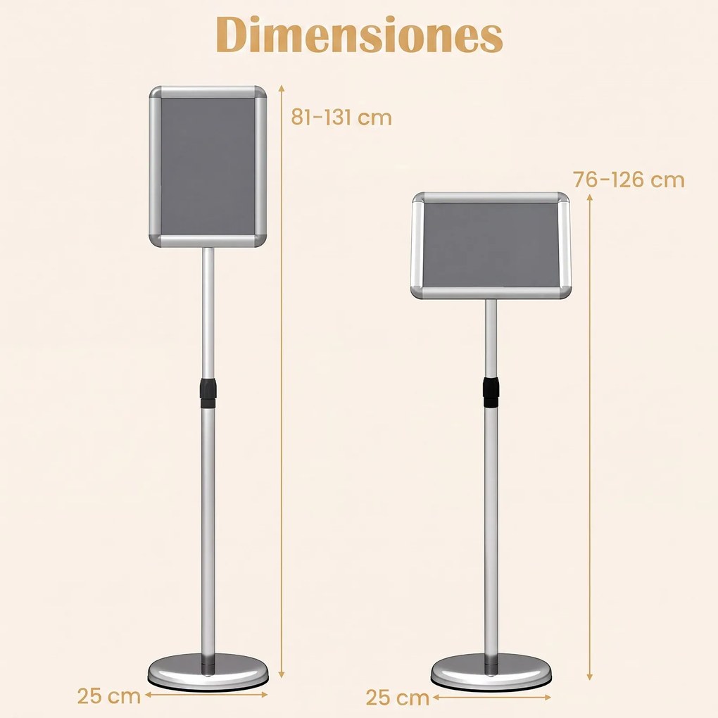 Conjunto de 2 Suportes de Chão para Cartazes A4, 30 x 21 x 81-131 cm, Altura Ajustável, Prateado