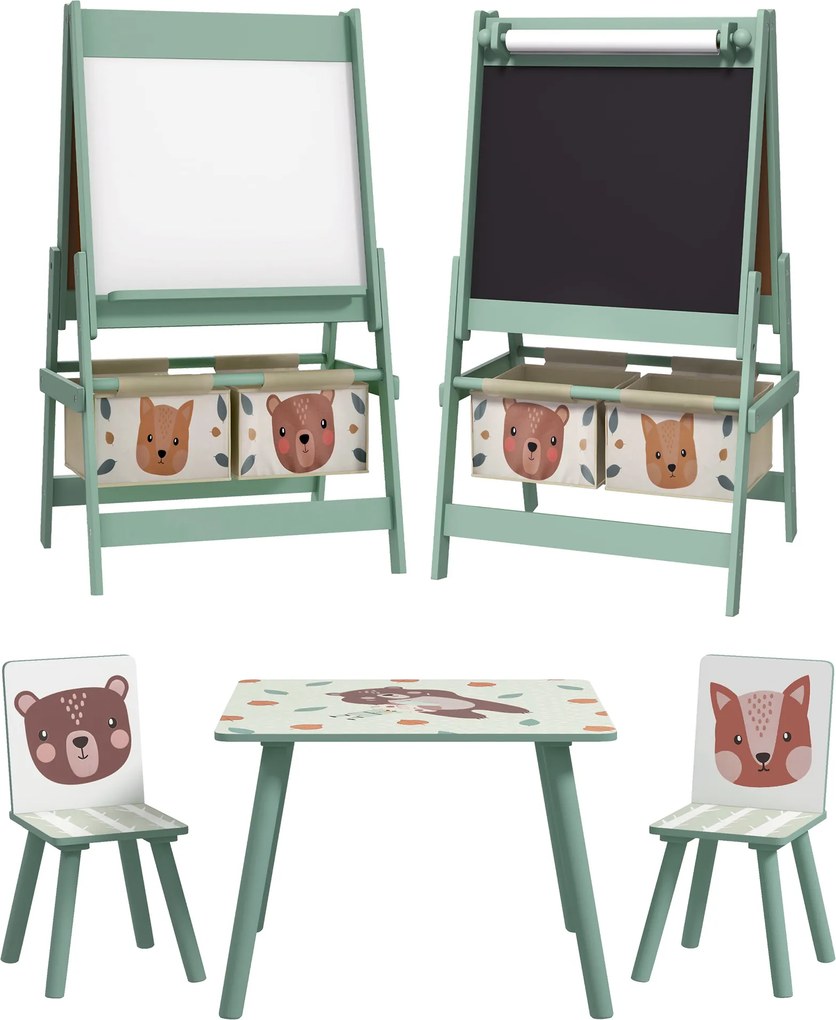 Conjunto para Crianças Inclui 1 Mesa com 2 Cadeiras Infantis e 1 Cavalete 3 em 1 com Cestos de Armazenamento Desenho de Animais Verde