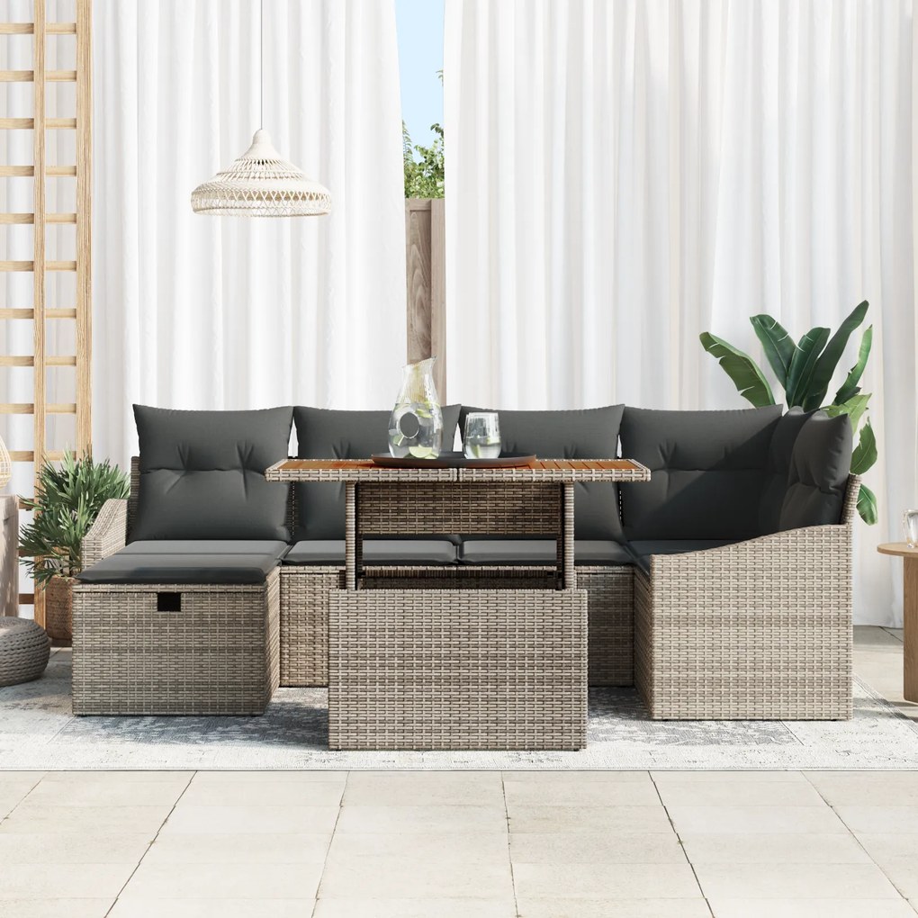 Conjunto de Sofá de Jardim de 7 Peças com Almofadas Cinza Polirattan